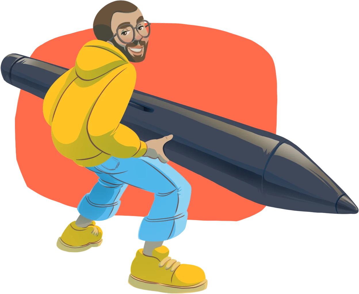 Illustrated self-portrait of Washington: a smiling bearded illustrator in glasses and a yellow hoodie, carrying a giant drawing pen on his shoulder