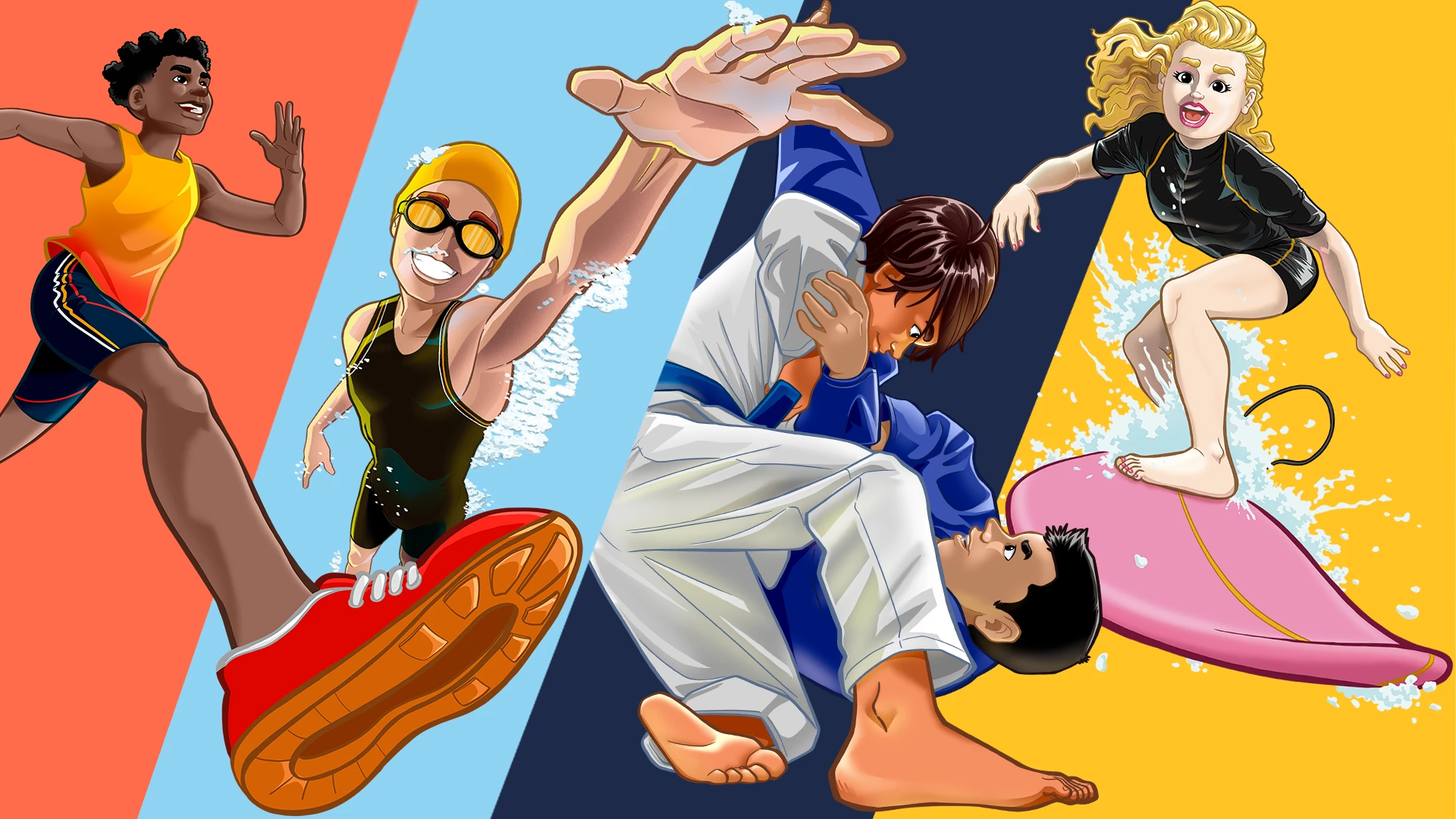 Four young athletes in action on bold diagonal color bands: a runner, a swimmer, two judokas and a surfer