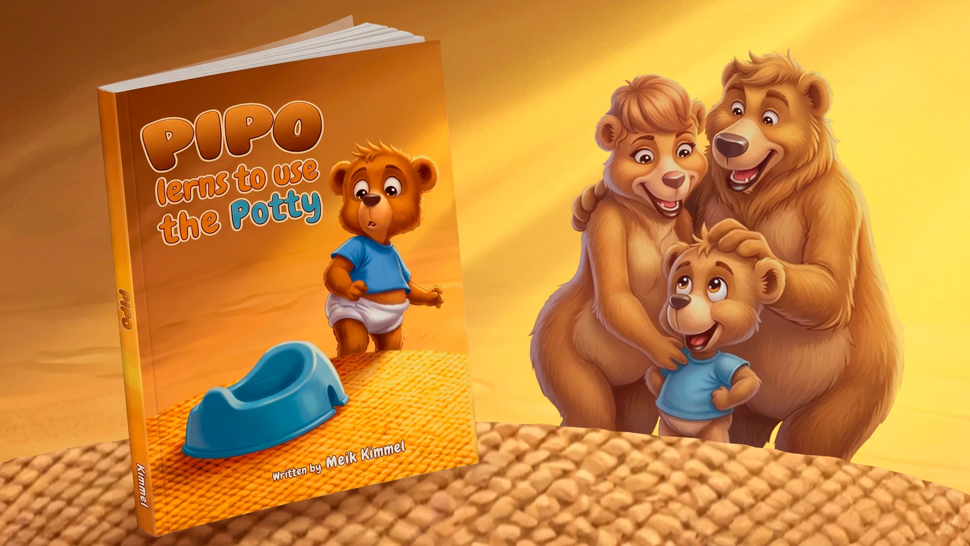 The picture book Pipo learns to use the Potty next to Pipo the little bear being hugged by his parents