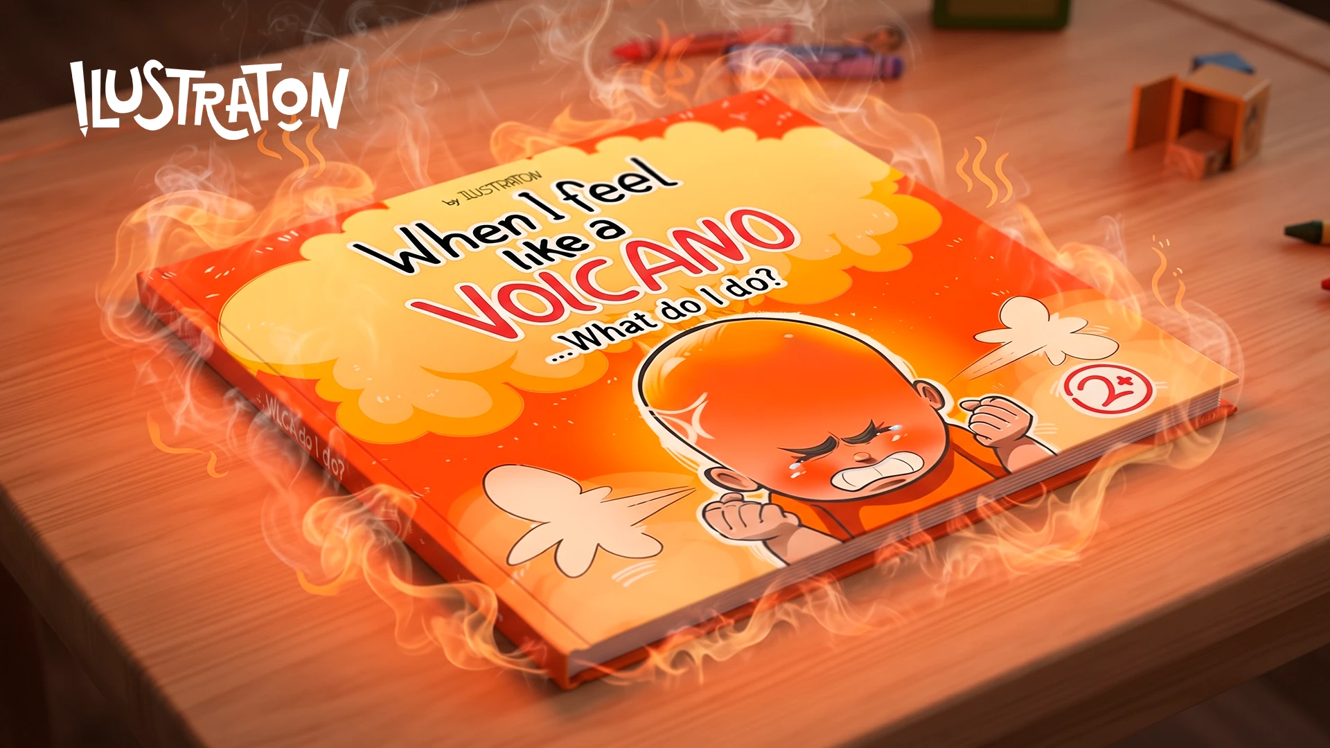 The picture book When I feel like a Volcano... What do I do? by ILUSTRATON, wrapped in flames and smoke on a wooden table