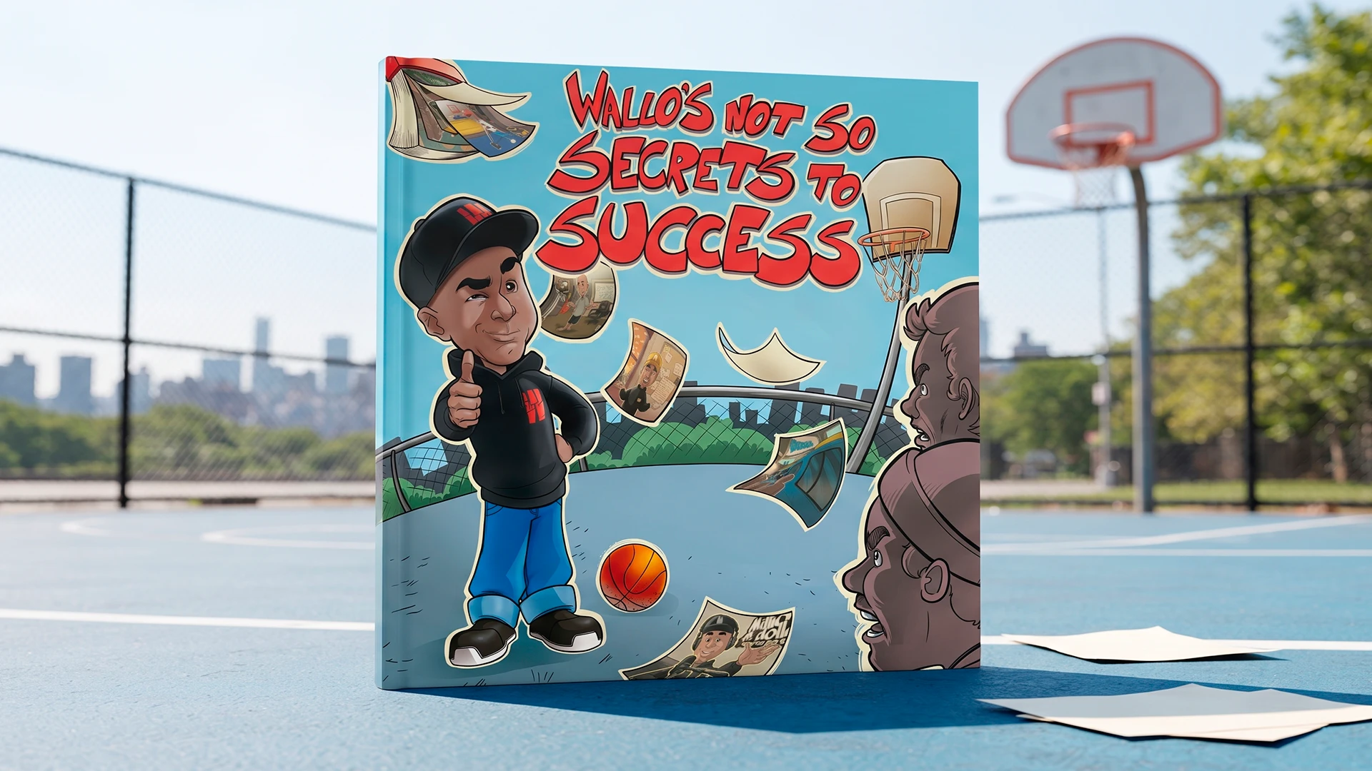 The book Wallo's Not So Secrets to Success standing on an outdoor basketball court