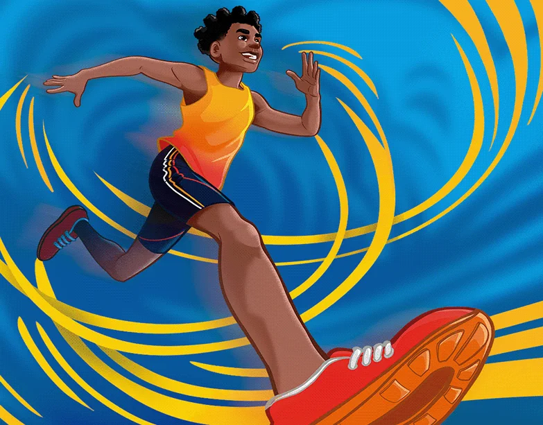 A smiling young runner in red sneakers sprinting through swirling blue and yellow strokes