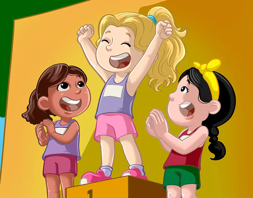 Three cheering girls celebrating together on a winners’ podium