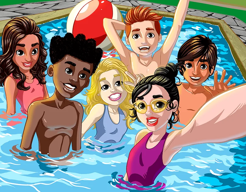 A group of laughing friends taking a selfie in a swimming pool with a beach ball