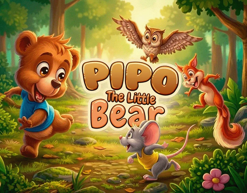 Pipo the little bear in a sunny forest with an owl, a squirrel and a mouse