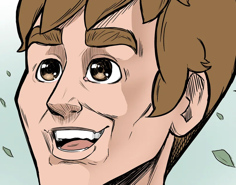 Close-up comic panel of a smiling young man