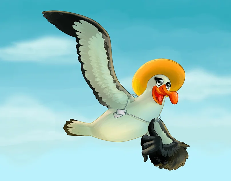 A seagull mascot in a yellow sun hat flying with a suitcase