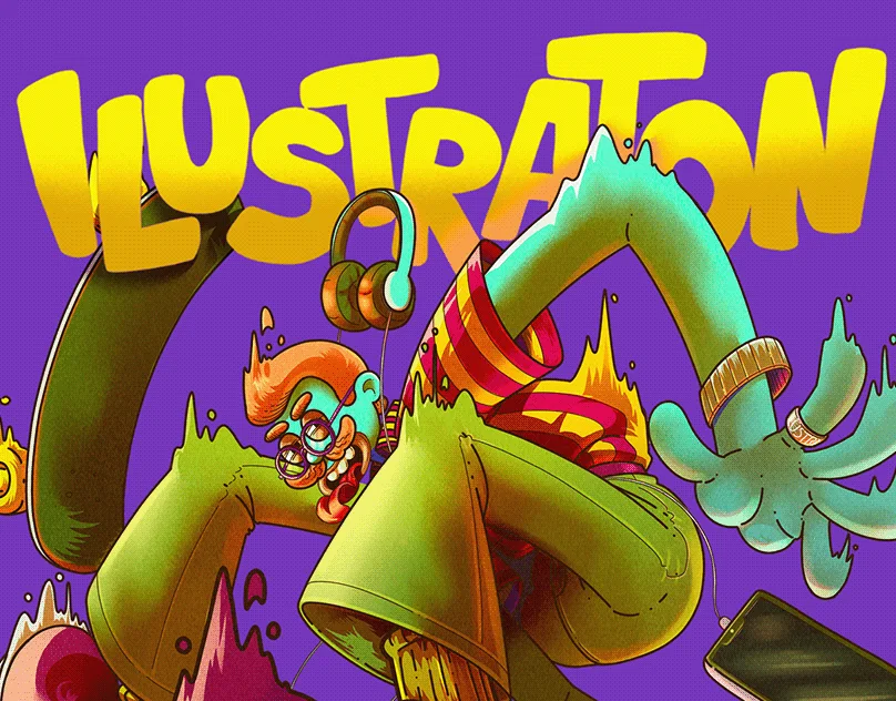 Colourful ILUSTRATON lettering with a wild green character and a red-haired figure